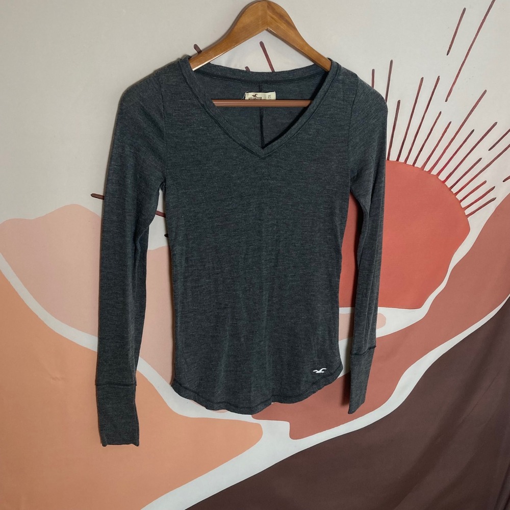 Hollister Womens Babydoll Top XS V Neck Grunge Bella Swan Long Sleeve Y2K Gray